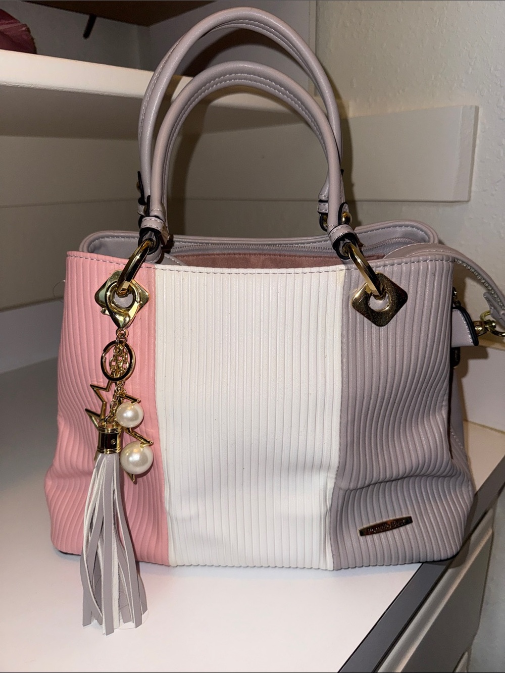 Chic Tricolor Ribbed Satchel Bag - Pink, White & Light Gray